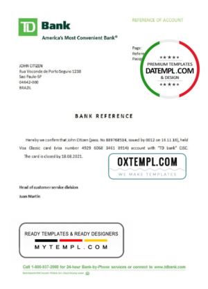 editable template, Brazil TD bank account closure reference letter template in Word and PDF format