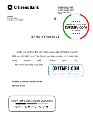 editable template, USA Citizens Bank bank account closure reference letter template in Word and PDF format