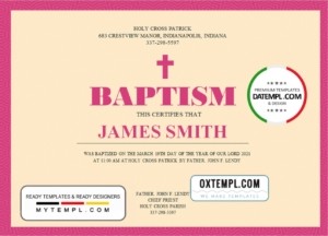 editable template, USA Baptism Certificate template in Word and PDF format
