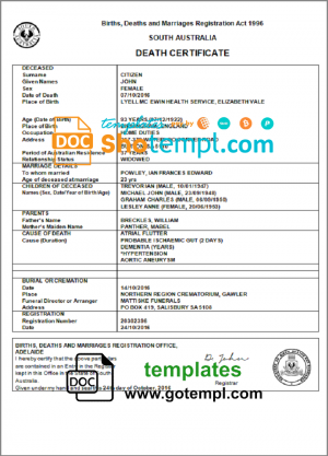 editable template, Australia South Australia death certificate template in Word format