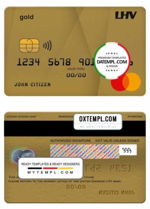 editable template, United Kingdom LHV bank mastercard gold credit card template in PSD format
