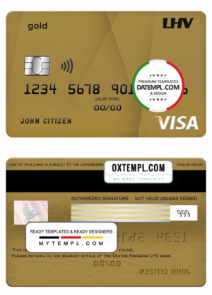 editable template, United Kingdom LHV bank visa gold credit card template in PSD format