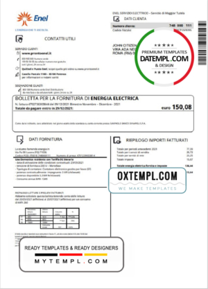 editable template, Italy Enel electricity utility bill template in Word and PDF format