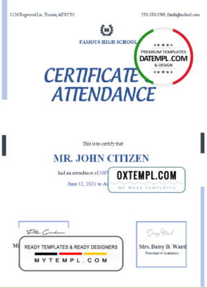 editable template, USA Attendance Certificate template in Word and PDF format