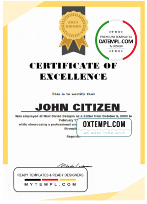 editable template, USA Excellence Certificate template in Word and PDF format