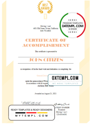 editable template, USA Driving Certificate template in Word and PDF format