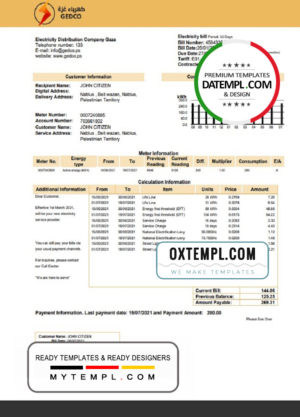 editable template, Palestine Electricity Distribution Company Gaza (GEDCO) utility bill template in Word and PDF format