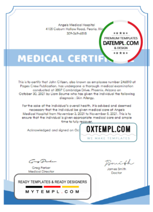 editable template, USA Hospital Medical certificate template in Word and PDF format