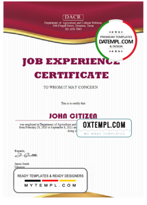 editable template, USA Job experience certificate template in Word and PDF format