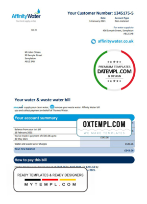 editable template, United Kingdom Affinity Water utility bill template in Word and PDF format