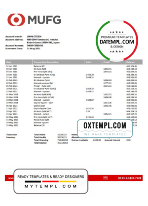 editable template, Japan MUFG bank statement template in Word and PDF format