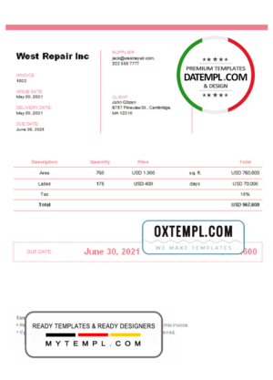 editable template, United Kingdom West Repair Inc invoice template in Word and PDF format, fully editable