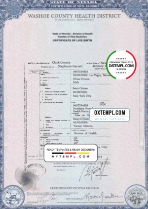 editable template, USA Nevada state birth certificate template in PSD format, fully editable