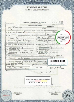 editable template, USA Arizona state birth certificate template in PSD format, fully editable