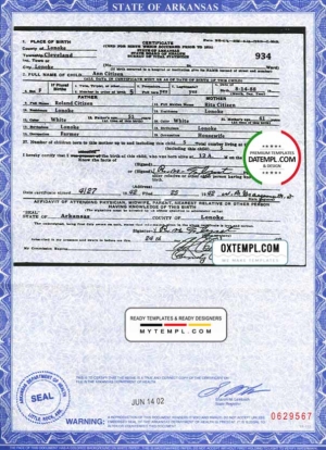 editable template, USA Arkansas state birth certificate template in PSD format, fully editable