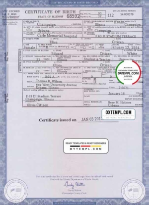 editable template, USA Illinois state birth certificate template in PSD format, fully editable