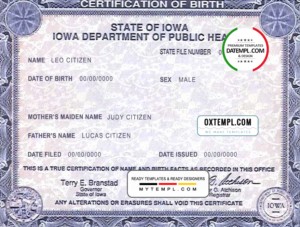 editable template, USA Iowa state birth certificate template in PSD format, fully editable