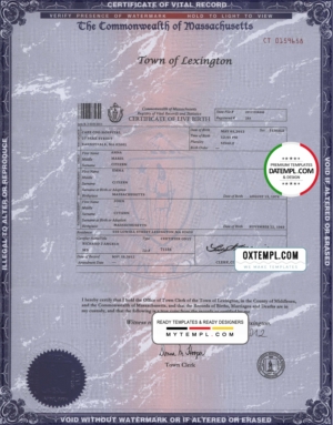 editable template, USA Massachusetts state birth certificate template in PSD format, fully editable