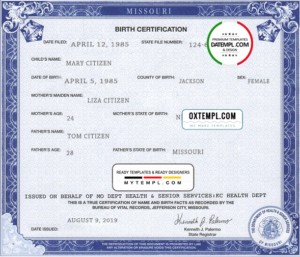 editable template, USA Missouri state birth certificate template in PSD format, fully editable