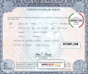 editable template, USA New York state birth certificate template in PSD format, fully editable