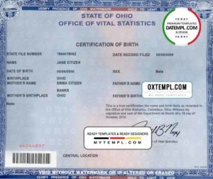 editable template, USA Ohio state birth certificate template in PSD format, fully editable