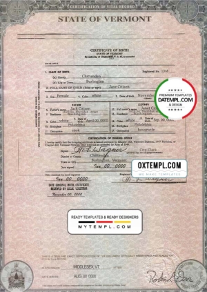 editable template, USA Vermont  state birth certificate template in PSD format, fully editable