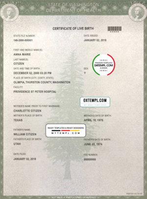 editable template, USA Washington state birth certificate template in PSD format, fully editable