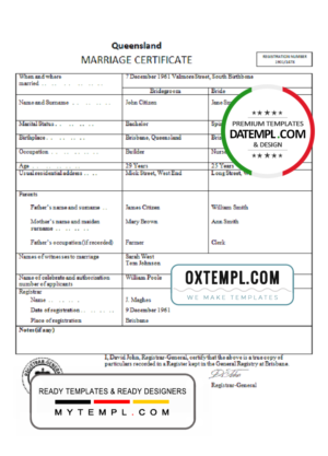 editable template, Australia Queensland marriage certificate template in Word format