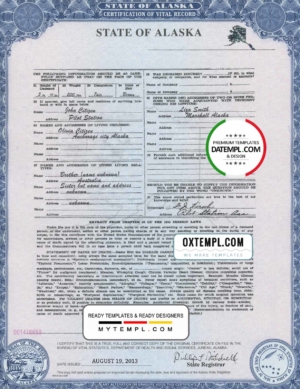 editable template, USA Alaska state birth certificate template in PSD format, fully editable