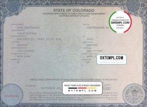 editable template, USA Colorado state birth certificate template in PSD format, fully editable