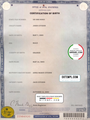 editable template, USA Florida state birth certificate template in PSD format, fully editable