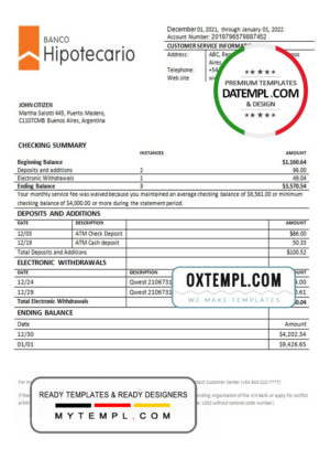 editable template, Argentina Banco Hipotecario bank statement template in Word and PDF format