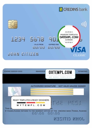 editable template, Albania Credins bank visa debit card template in PSD format, fully editable