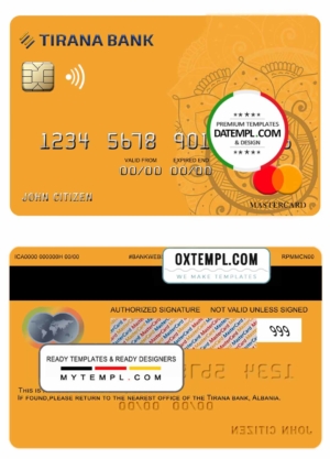 editable template, Albania Tirana bank mastercard template in PSD format, fully editable