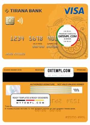 editable template, Albania Tirana bank visa card template in PSD format, fully editable
