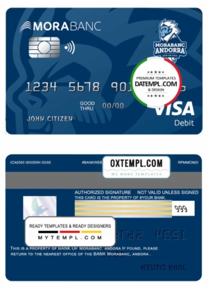 editable template, Andorra Morabank visa debit card template in PSD format, fully editable