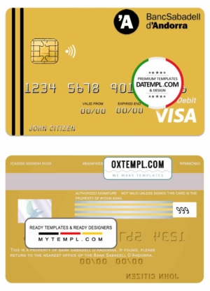 editable template, Andorra Bank Sabadell visa card debit card template in PSD format, fully editable
