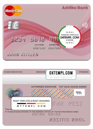 editable template, Austria Addiko bank mastercard template in PSD format, fully editable