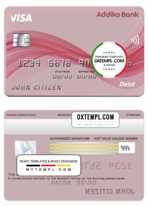 editable template, Austria Addiko bank visa card template in PSD format, fully editable