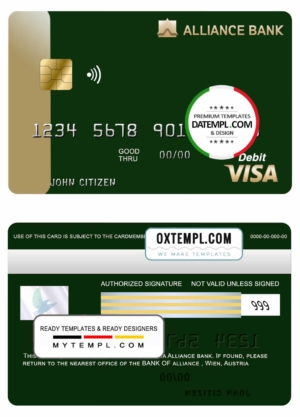 editable template, Austria Alliance bank visa card template in PSD format, fully editable