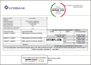editable template, Azerbaijan AFB bank statement template in Word and PDF format, fully editable