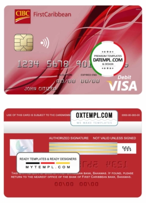 editable template, Bahamas First Caribbean bank visa debit card template in PSD format, fully editable