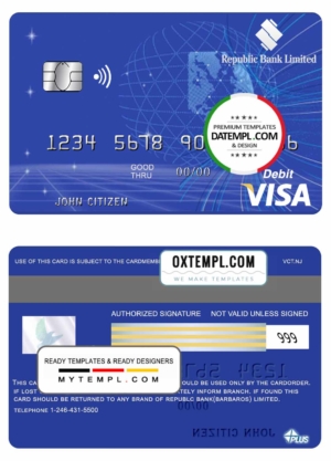 editable template, Barbados Republic Bank visa card template in PSD format, fully editable