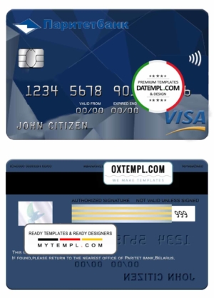 editable template, Belarus Paritet bank visa card template in PSD format, fully editable