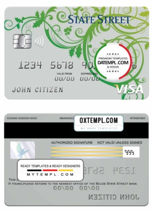 editable template, Belize State street bank visa card template in PSD format, fully editable