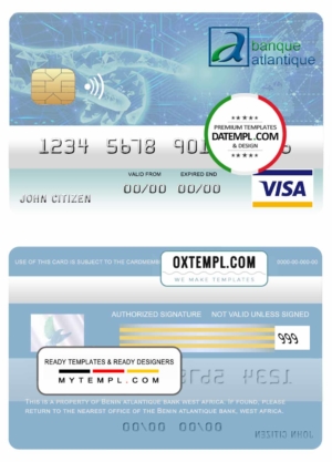 editable template, Benin Atlantique bank visa card template in PSD format, fully editable
