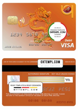 editable template, Bhutan Druk PNB bank visa card template in PSD format, fully editable