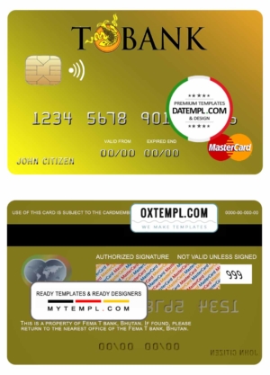 editable template, Bhutan T bank mastercard template in PSD format, fully editable