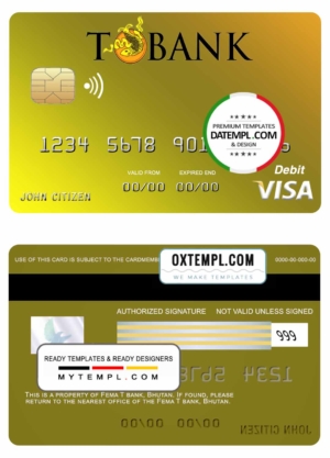 editable template, Bhutan T bank visa card template in PSD format, fully editable