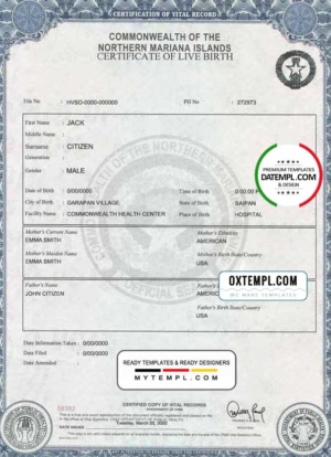 editable template, USA Northern Mariana Islands birth certificate template in PSD format, fully editable